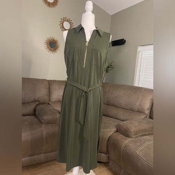 CHIC NWT Michael Kors MK Green Ivy Belted Dress Sz L Large - Picture 8 of 11